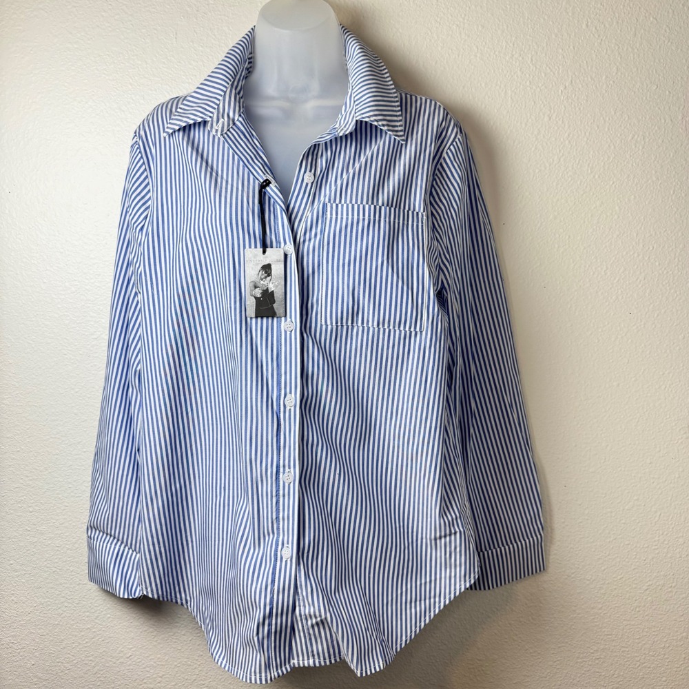 Sincerely Jules Blue White Striped Button Down Shirt Cotton Long Sleeve L NWT